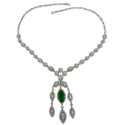 18K White Gold Diamond and Marquise Cut Emerald Drop Necklace
