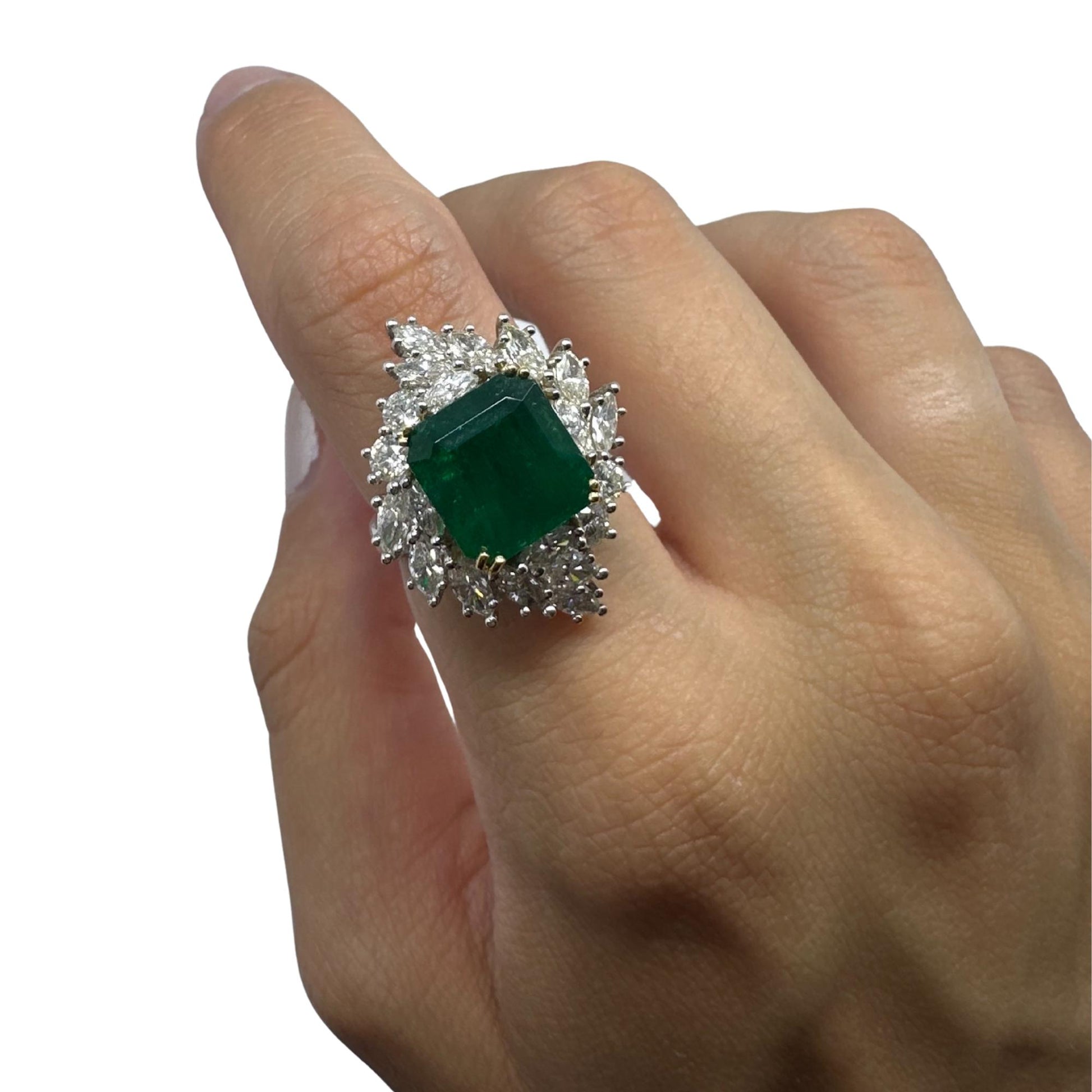 18k Two Tone Marquise Cut  Diamond and Emerald Ring