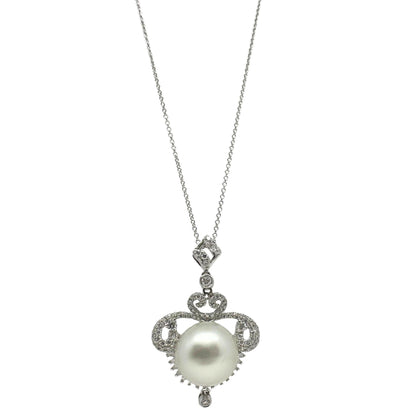 Edwardian-Inspired 18K White Gold Diamond Pearl Pendant Necklace 0.93ct