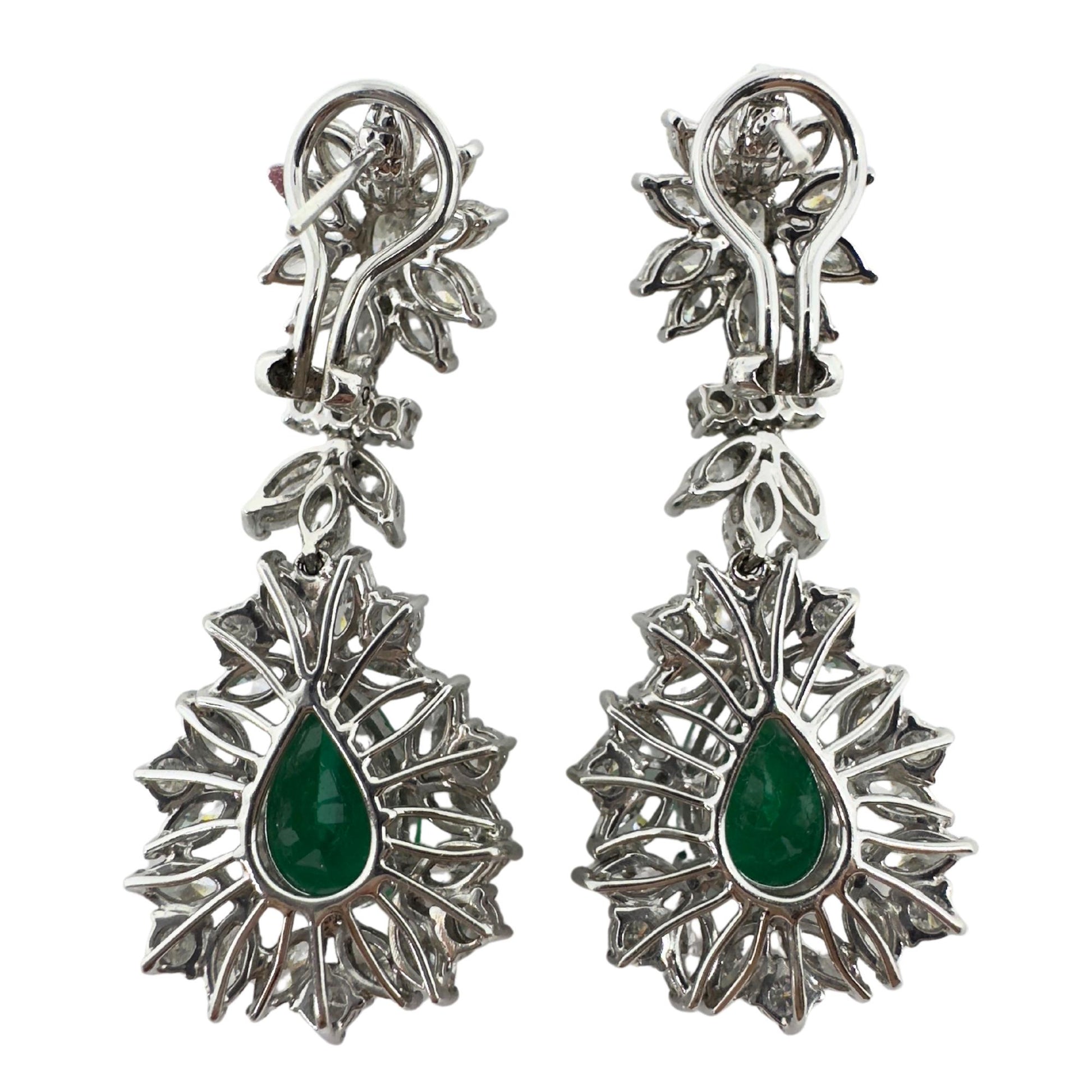 18K White Gold Marquise Cut Diamond and Pear Cut Emerald Drop Earrings