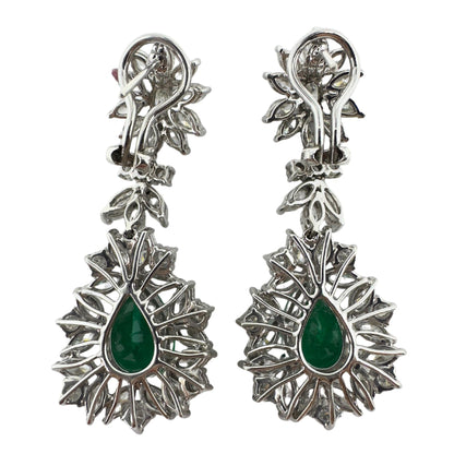 18K White Gold Marquise Cut Diamond and Pear Cut Emerald Drop Earrings