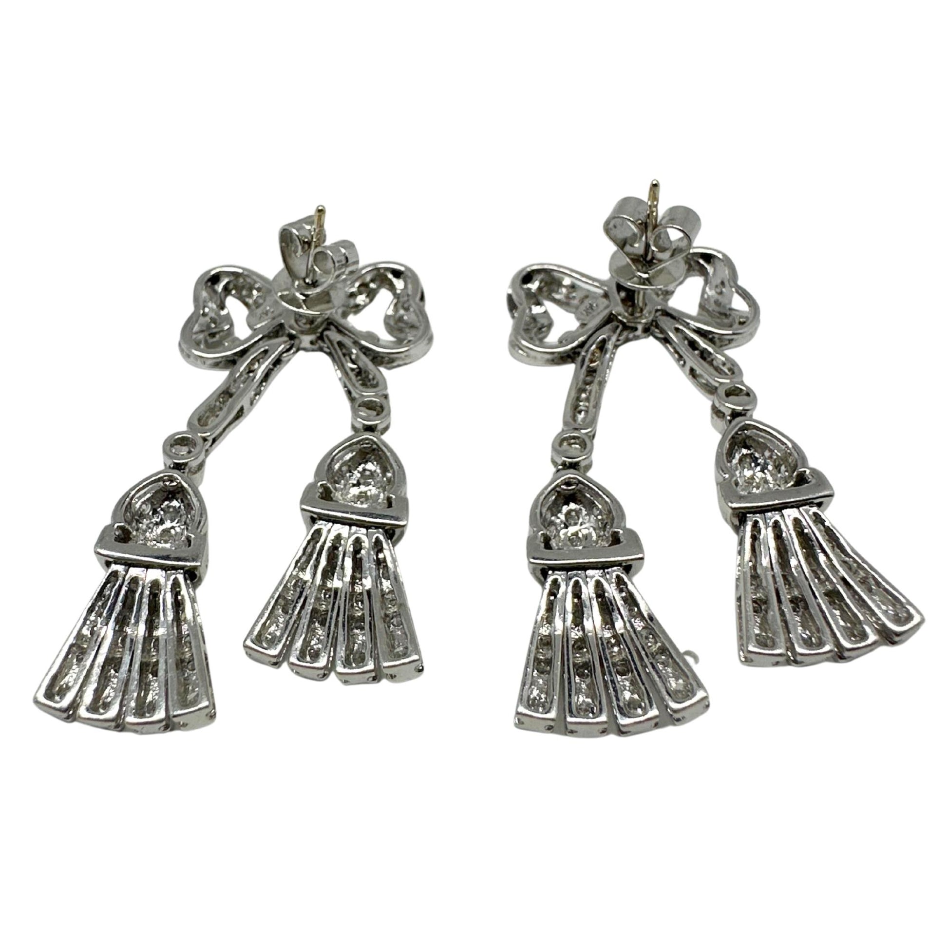 14K White Gold 1.97 Carat Diamond Bow and Tassel Earrings