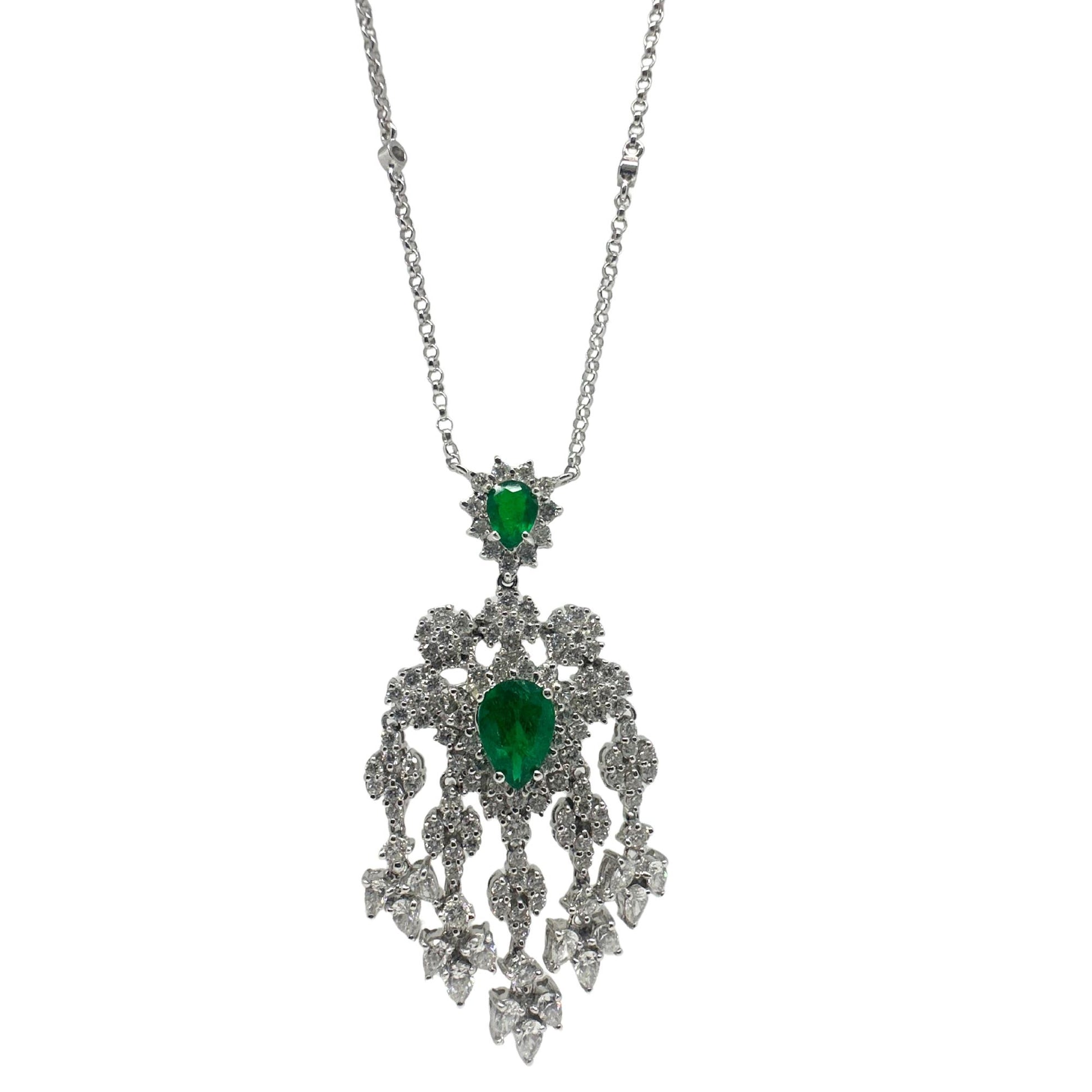18K White Gold Diamond and Pear Cut Emerald Pendant Necklace