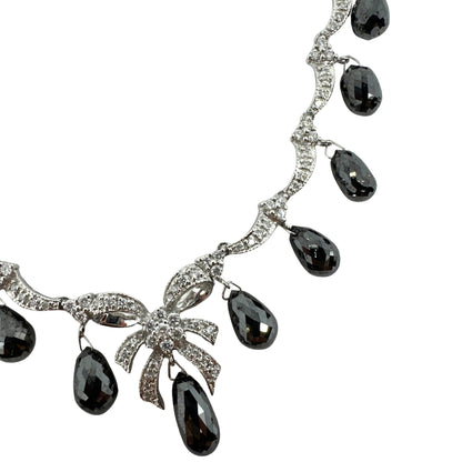 18K White Gold White Diamond and Briolette Black Diamond Bow Necklace