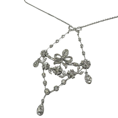 18K White Gold Diamond Bow and Floral Necklace