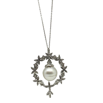 18K White Gold Diamond and Pearl Pendant Necklace