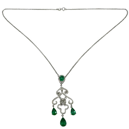 18K White Gold Diamond and Emerald Pendant Necklace