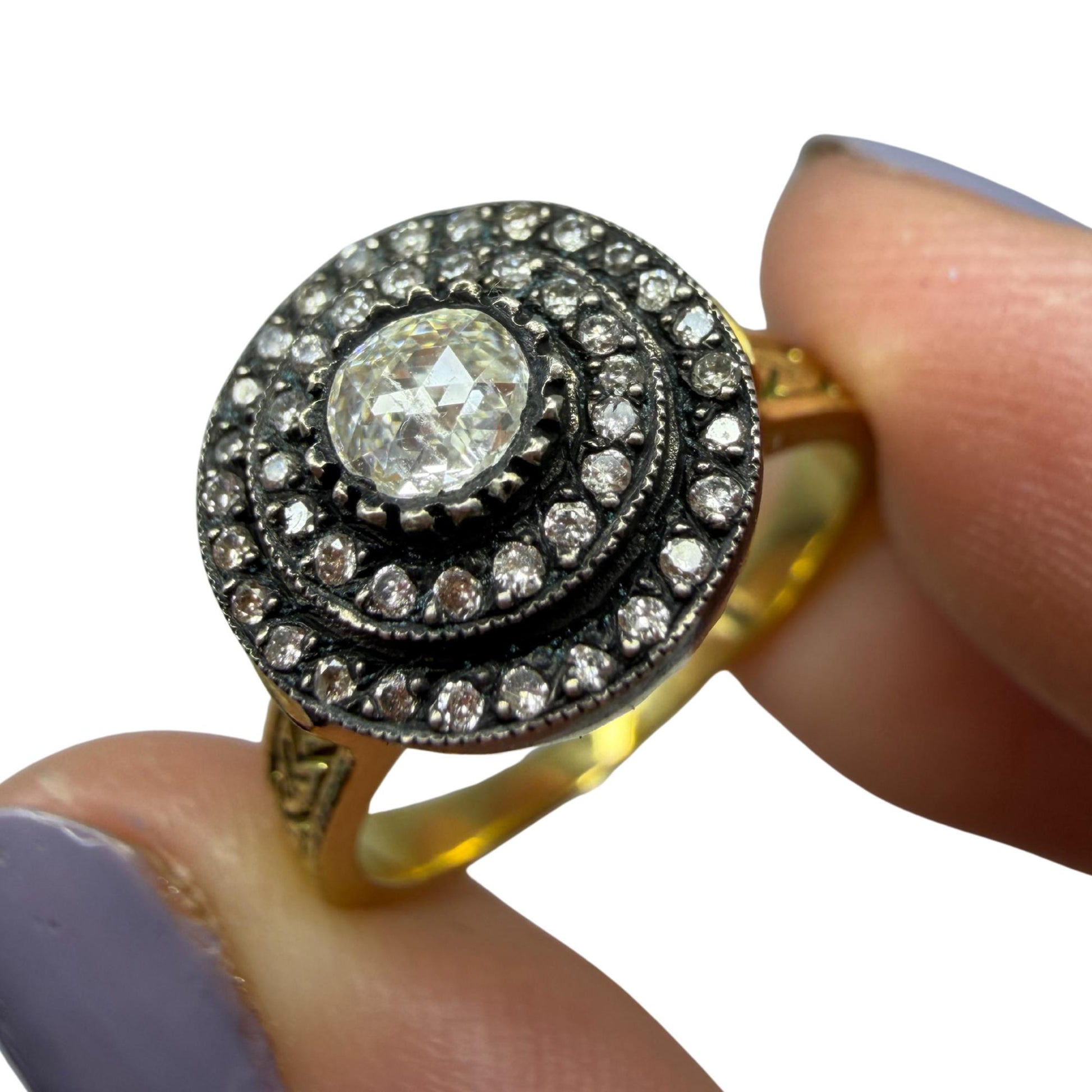 18K Yellow Gold and Silver Top 0.30 Carat Rose Cut Diamond Ring - Size 7.75