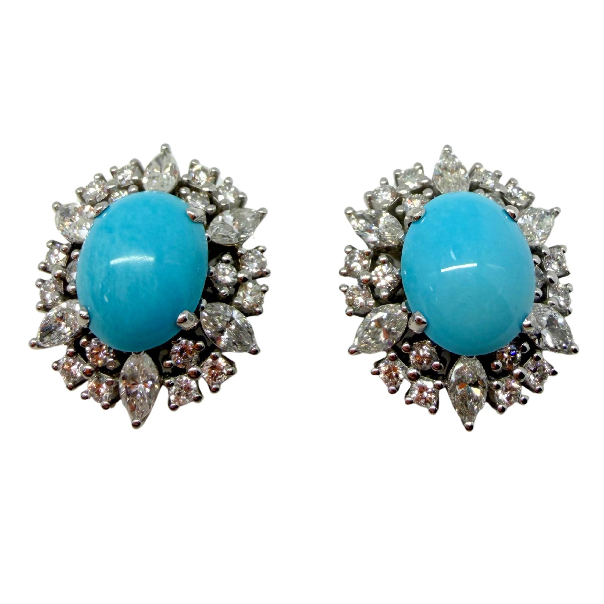 Platinum Marquise Cut 1.75 carat Diamond and Oval Turquoise Halo Stud Earrings