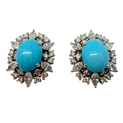 Platinum Marquise Cut 1.75 carat Diamond and Oval Turquoise Halo Stud Earrings