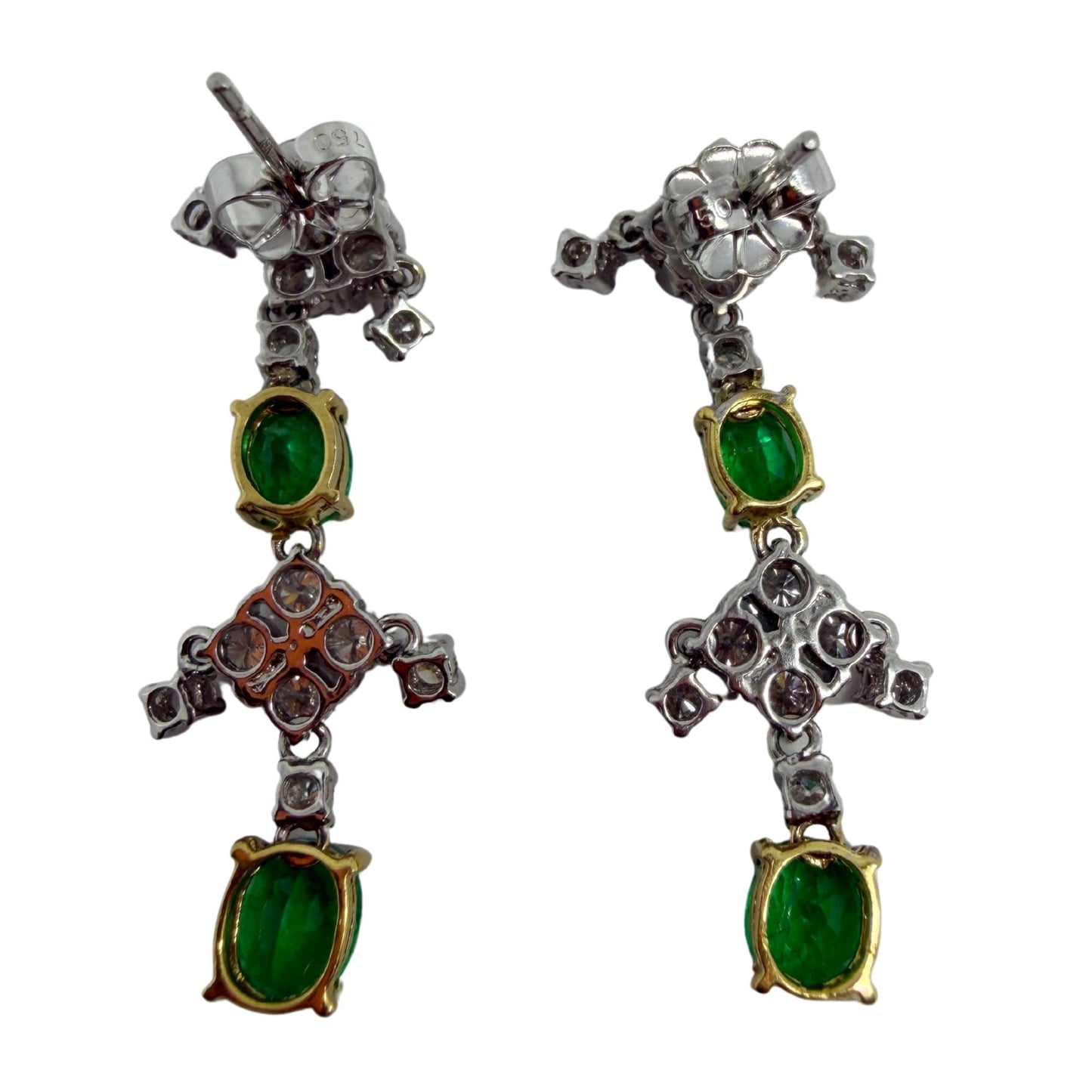 18k White Gold 1.76 Carat Emerald and .78 Carat Diamond Drop Earrings