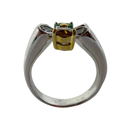 18k Pear Cut White and Yellow Diamond, and Emerald Butterfly Band Ring