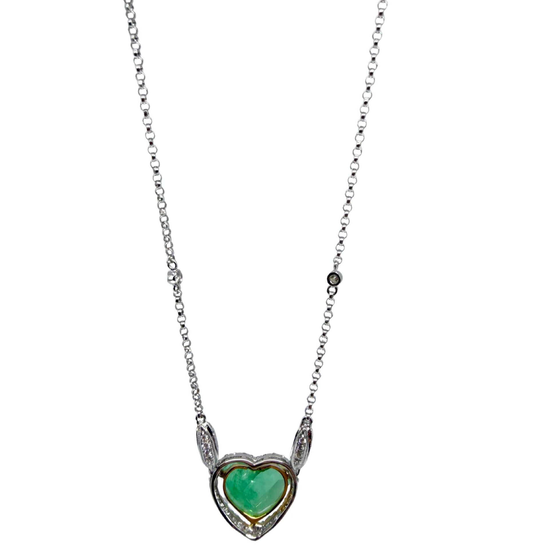 18K Two Tone Diamond and 4.14 Carat Heart Shaped Emerald Necklace