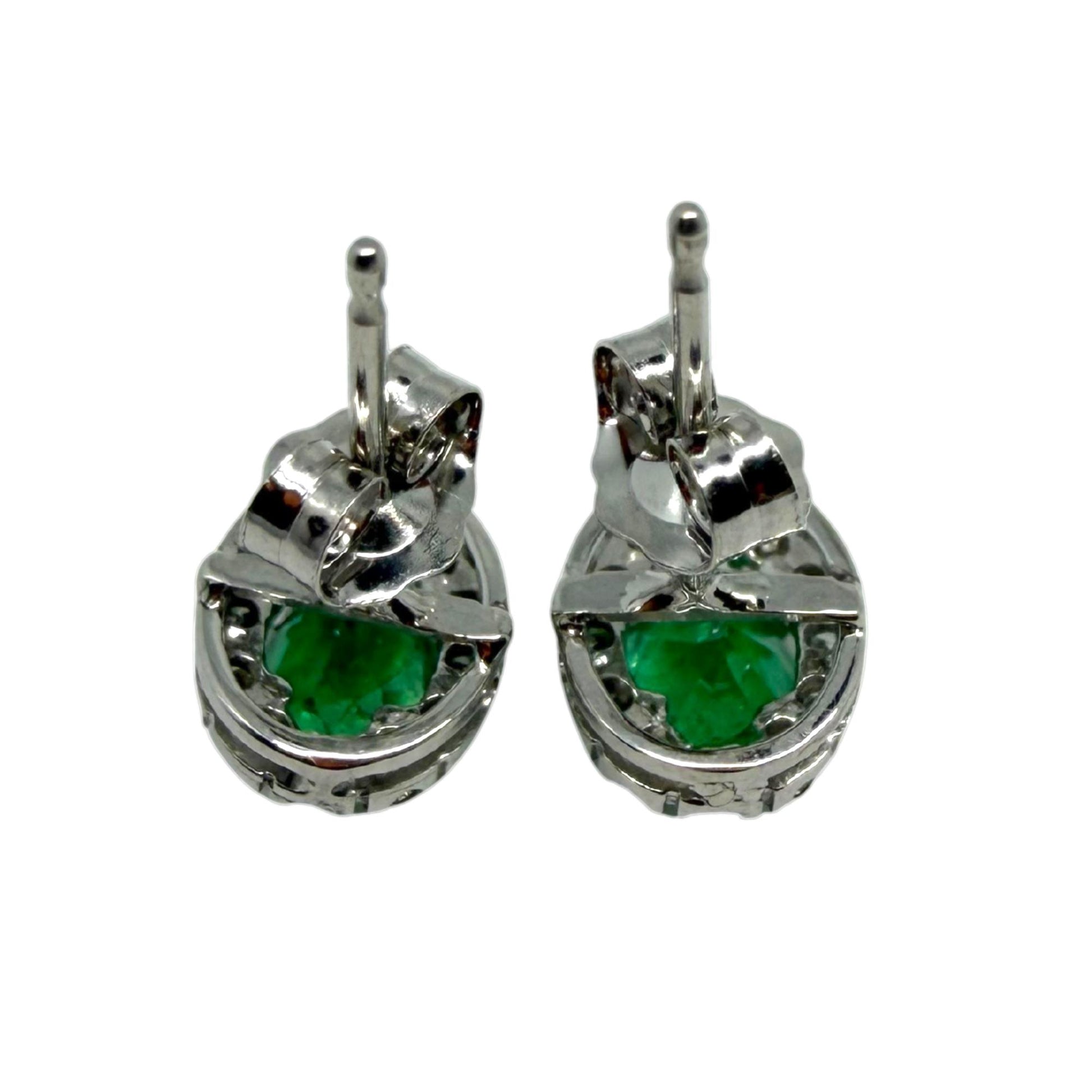18K White Gold Diamond and .76 Carat Oval Emerald Cluster Stud Earrings