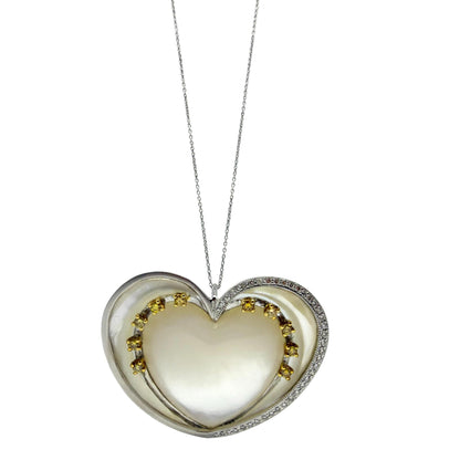 14K Two Tone Diamond, Mother of Pearl and Yellow Sapphire Heart Necklace