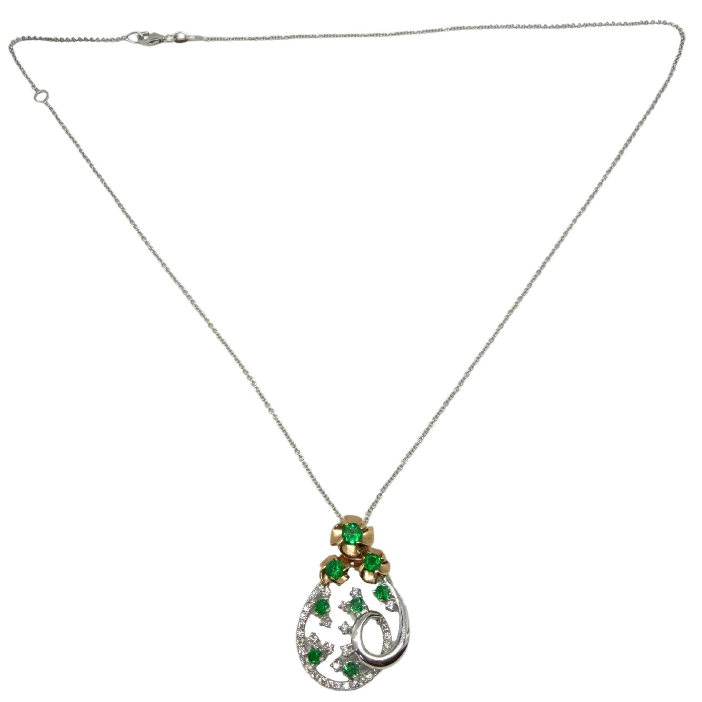18K Two Tone Diamond and Emerald Teardrop Floral Pendant Necklace