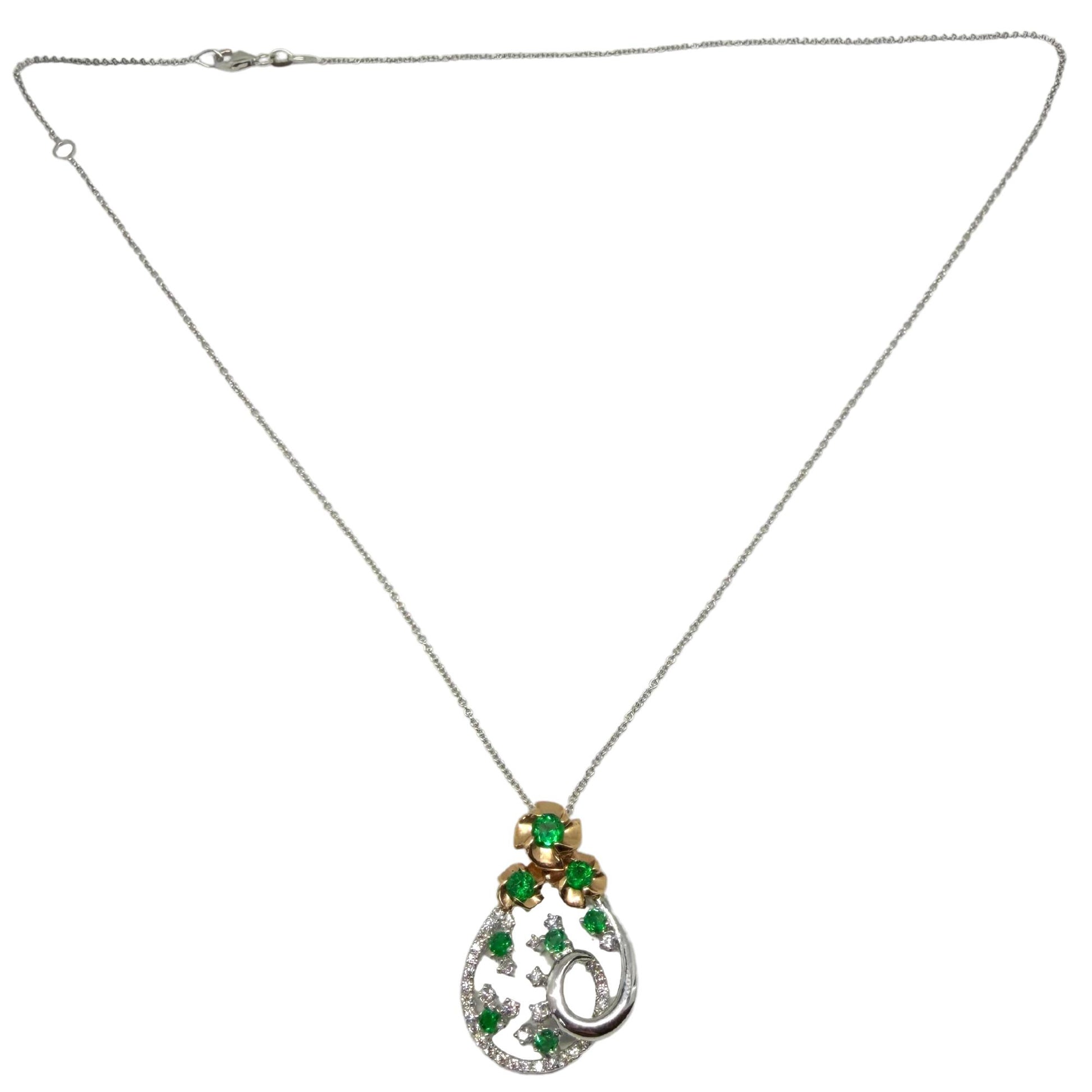 18K Two Tone Diamond and Emerald Teardrop Floral Pendant Necklace