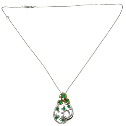 18K Two Tone Diamond and Emerald Teardrop Floral Pendant Necklace
