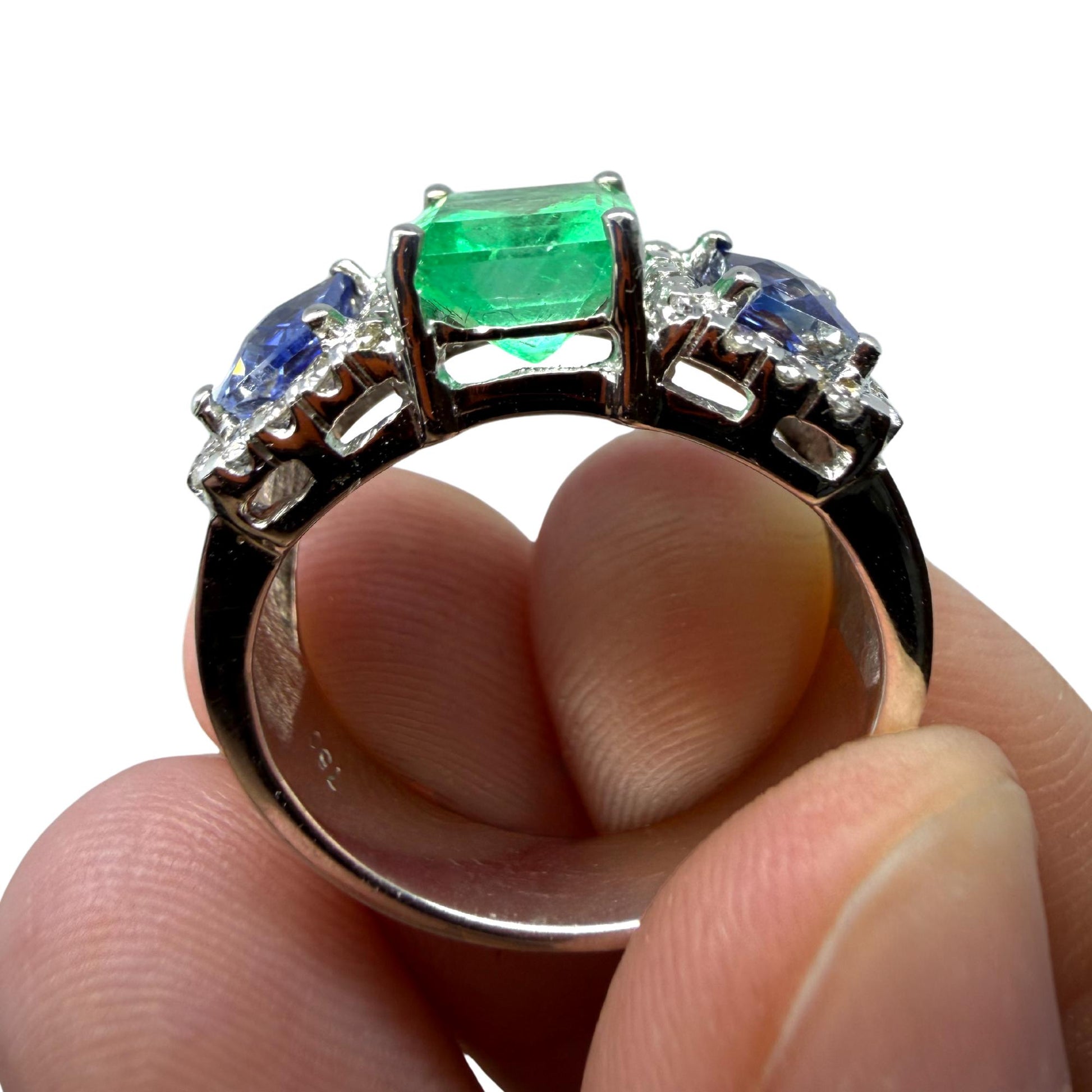 18K White Gold Emerald, Sapphire and Diamond Wide Band Ring
