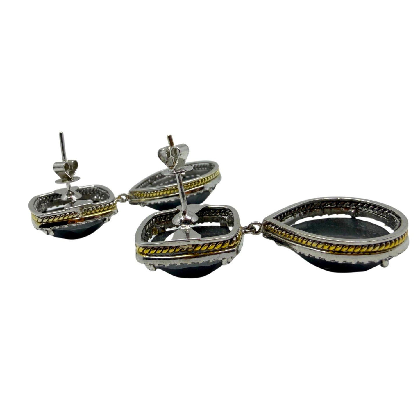 18K White and Yellow Gold Diamond and Checkered Hematite Earrings