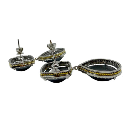18K White and Yellow Gold Diamond and Checkered Hematite Earrings