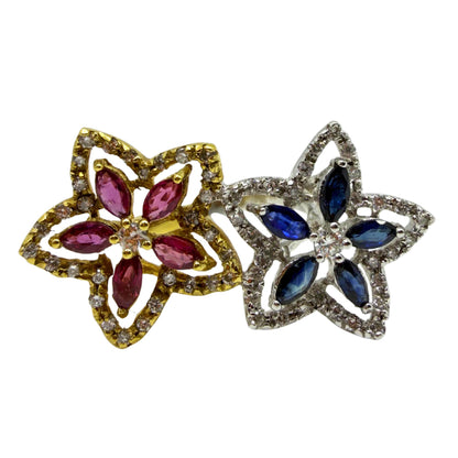 18K Two Tone Marquise Sapphire, Ruby and Diamond Bypass Floral Ring