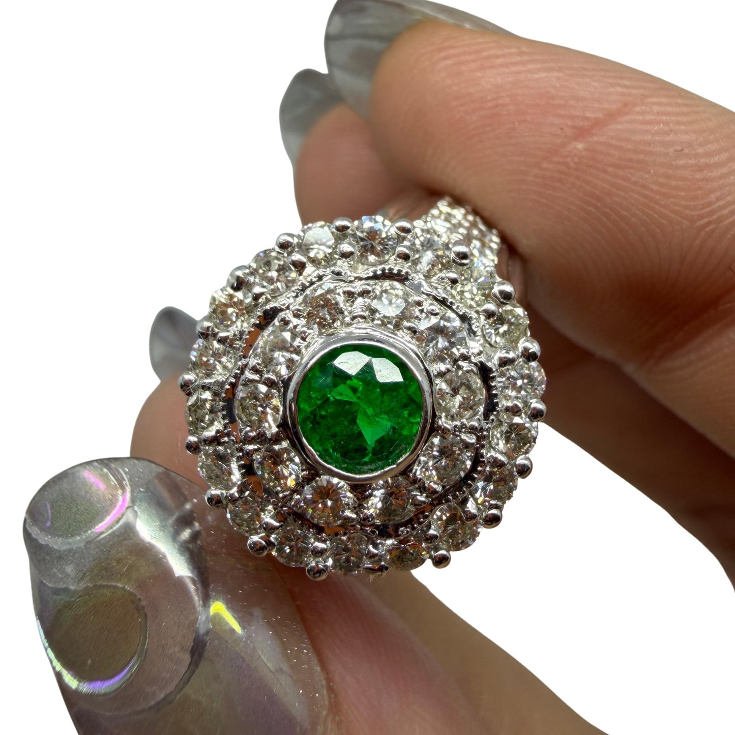 18K White Gold .42 Carat Round Cut Emerald and Diamond Ring - Size 8