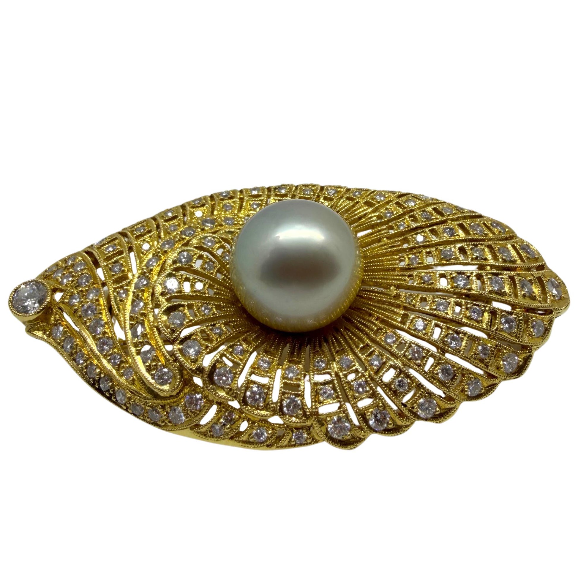 Art Deco Inspired 18K Yellow Gold Diamond and South Sea Pearl Brooch