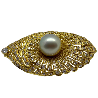Art Deco Inspired 18K Yellow Gold Diamond and South Sea Pearl Brooch