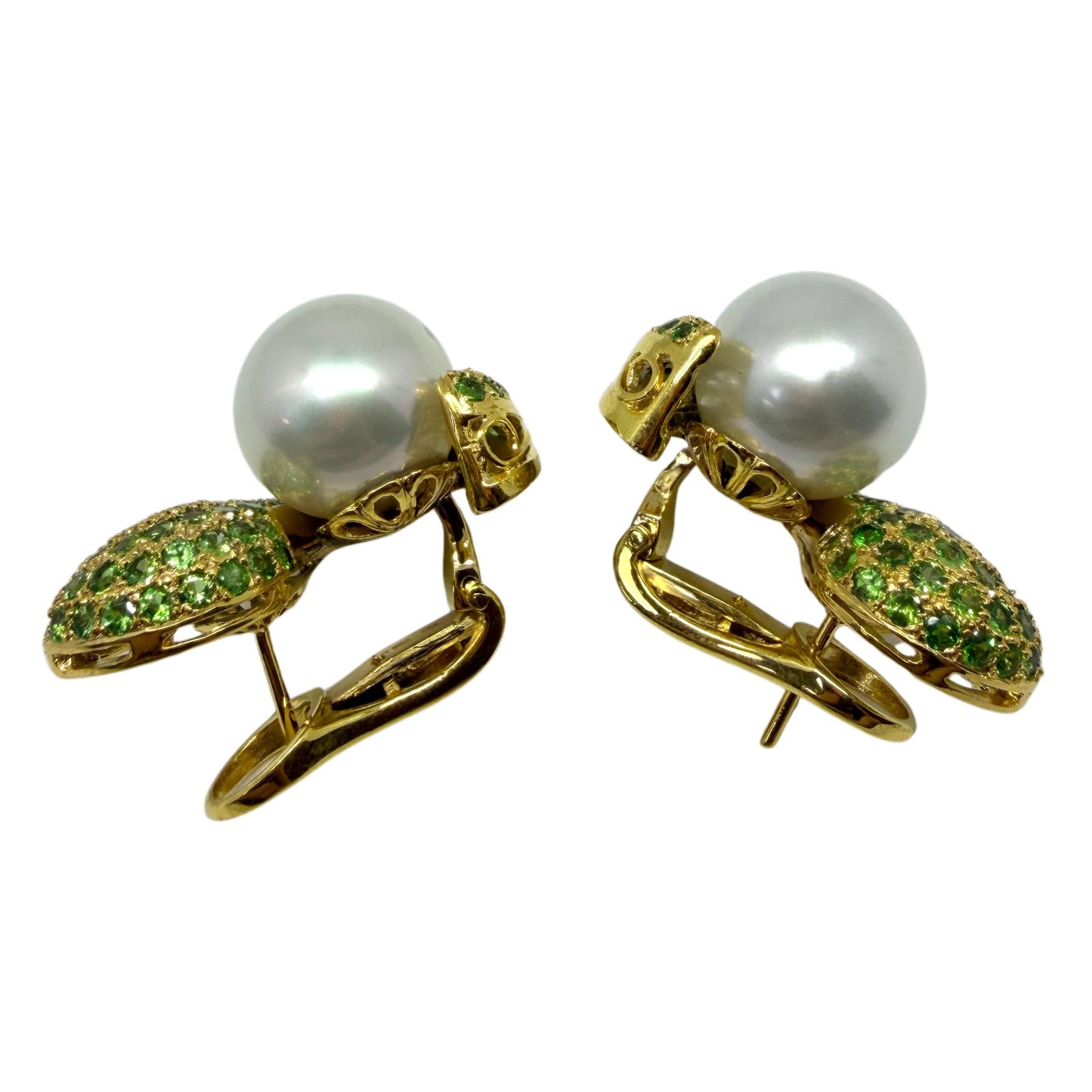 18k Yellow Gold Green Garnet and Pearl Earrings
