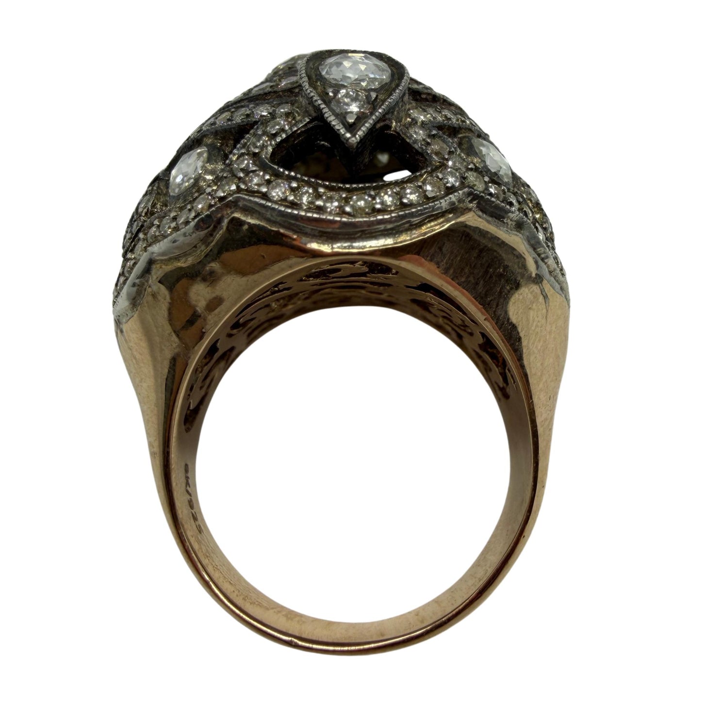 Vintage Inspired Rose Gold and Silver Rose Cut Diamond Dome Cocktail Ring