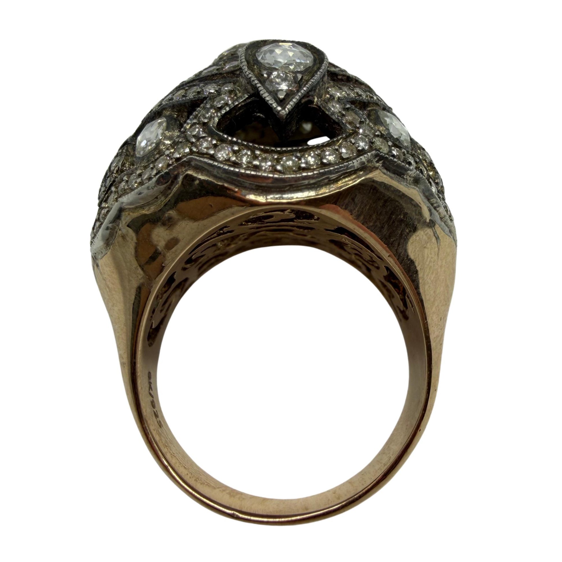 Vintage Inspired Rose Gold and Silver Rose Cut Diamond Dome Cocktail Ring