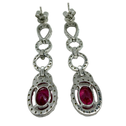 18K White Gold 3.44 Carat Oval Ruby and Diamond Drop Earrings