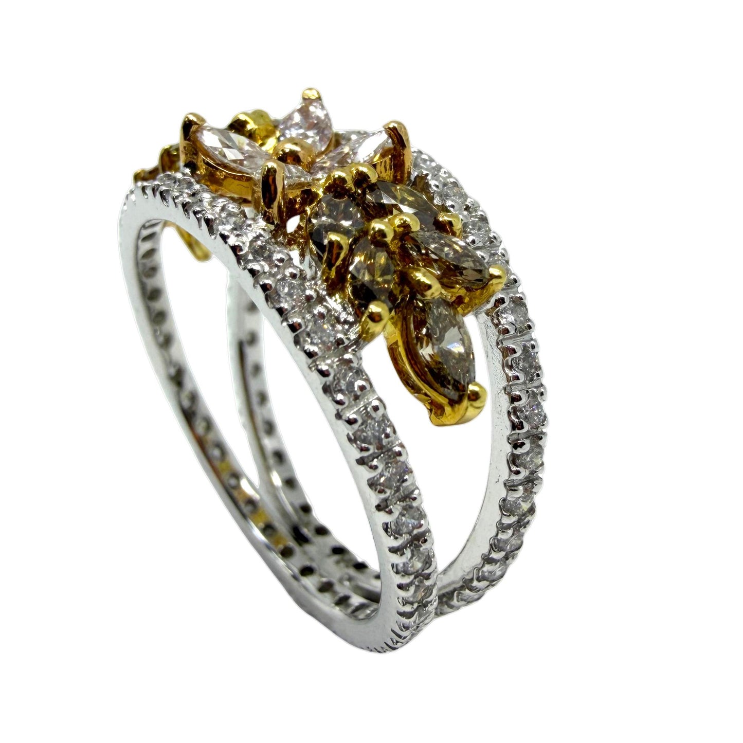 18K Two Tone Marquise Cut Pink, Yellow and White Diamond Flower Band Ring