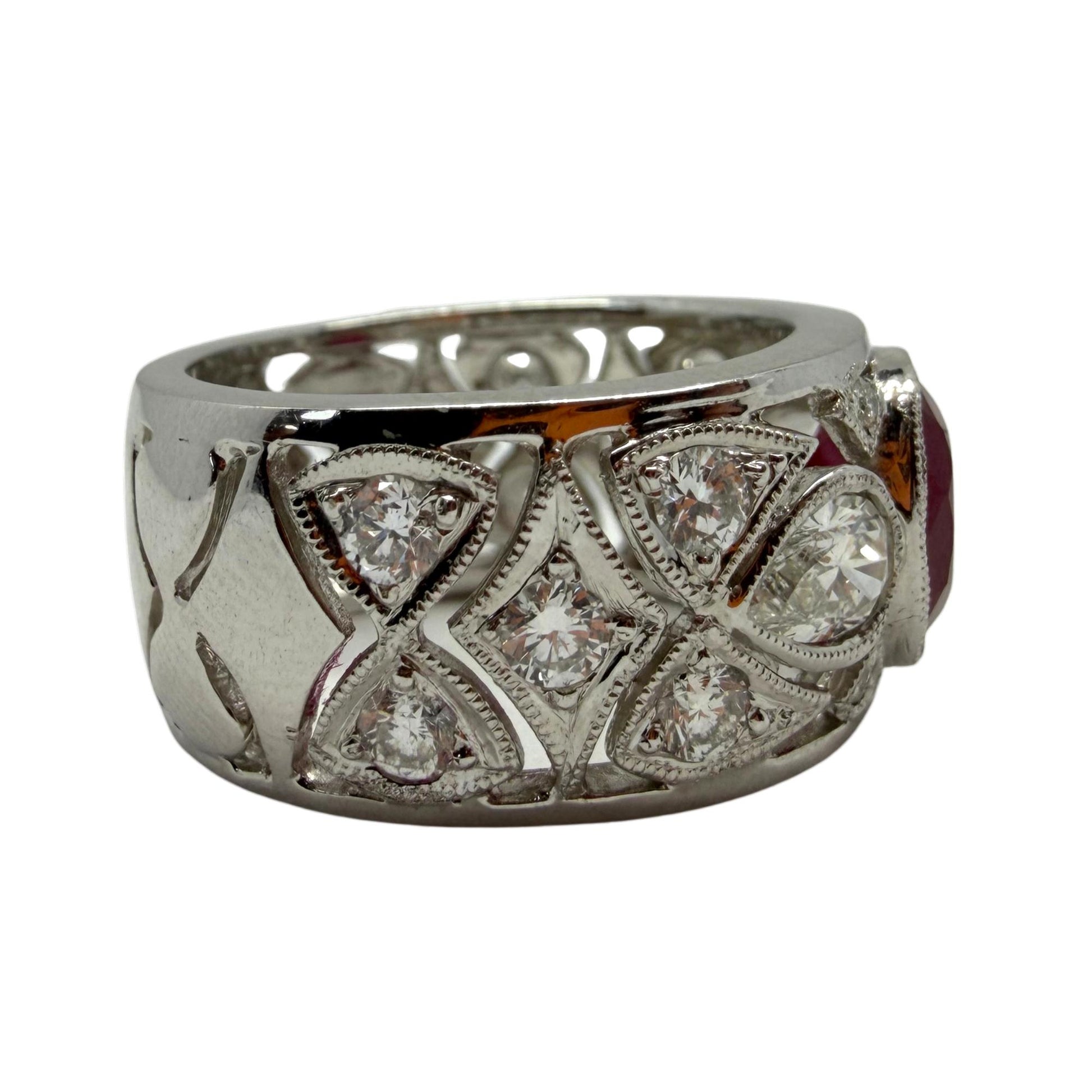 18K White Gold 2.04 Carats Oval Cut Ruby and Diamond Wide Band Ring - Size 6.5