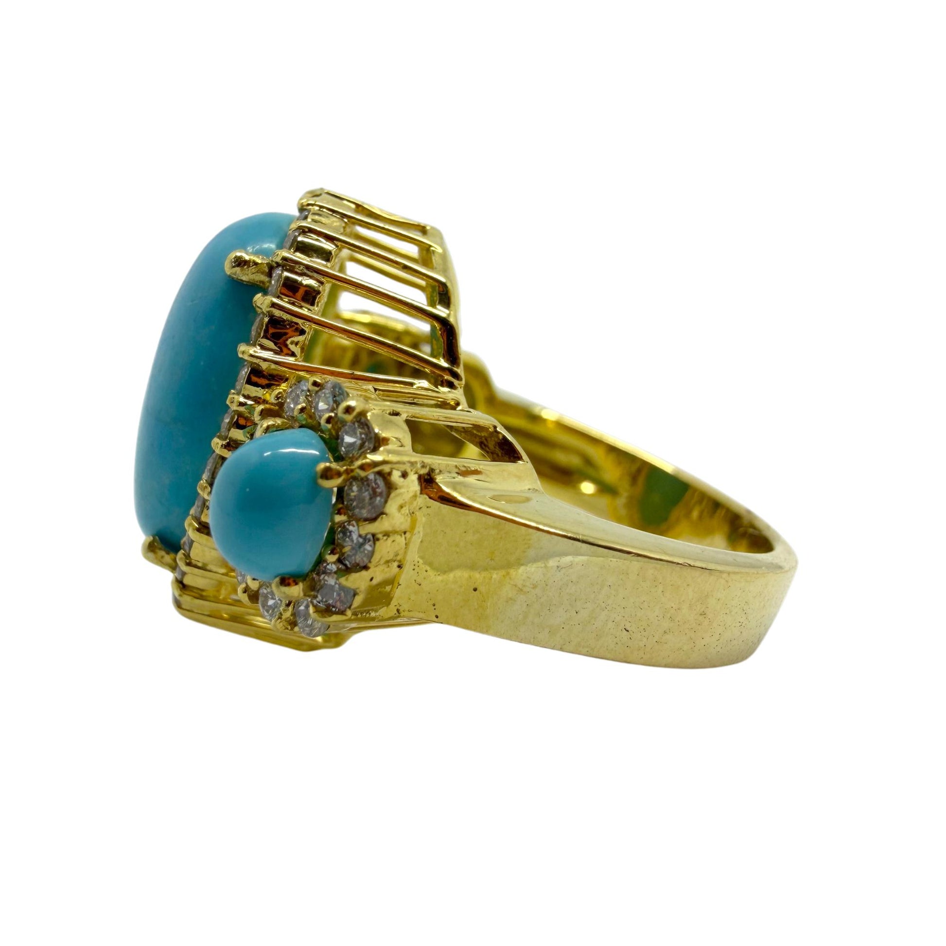 18K Yellow Gold Diamond and Turquoise Three Stone Cocktail Ring - Size 7