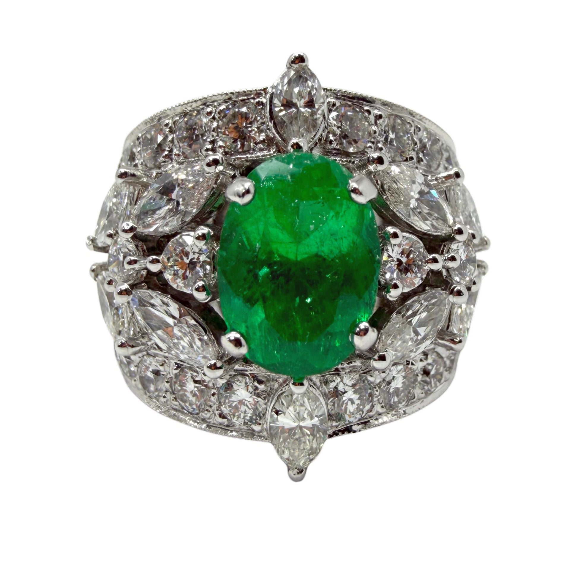 18K White Gold 2.95 Carat Oval Emerald and Marquise Cut Diamond Wide Band Ring