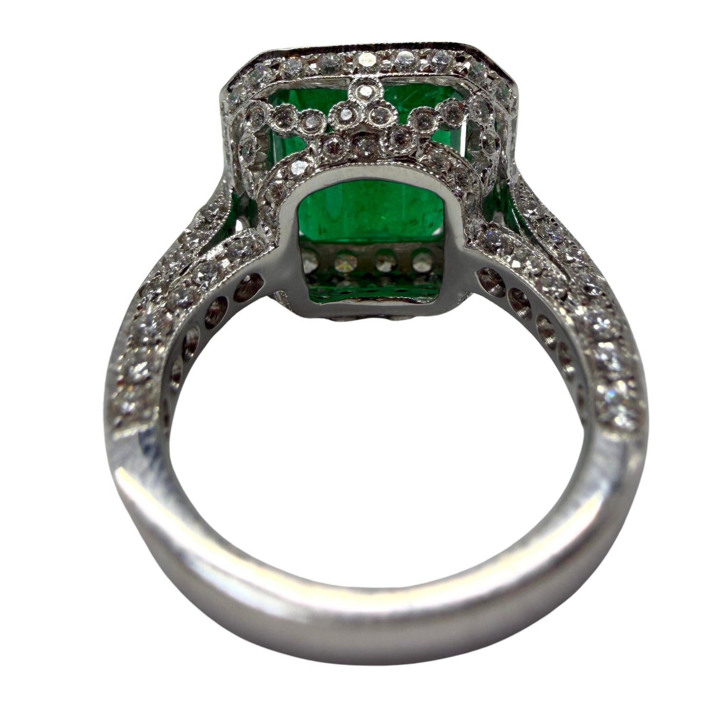 18K White Gold 6.58 Carat Emerald Cut Emerald and Diamond Ring -Size 7