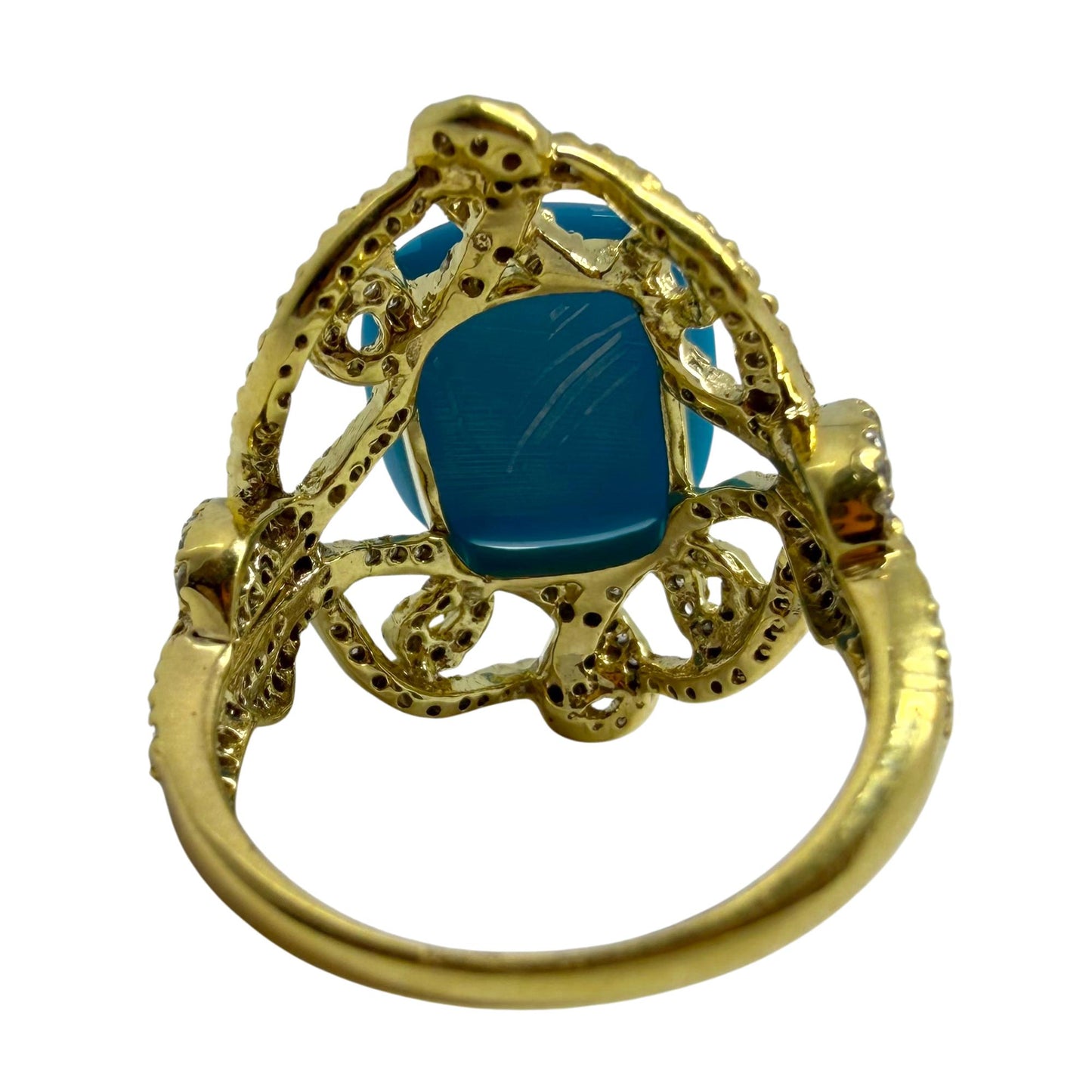 18K Yellow Gold Diamond and Turquoise Ring - Size 6.5
