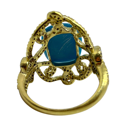 18K Yellow Gold Diamond and Turquoise Ring - Size 6.5
