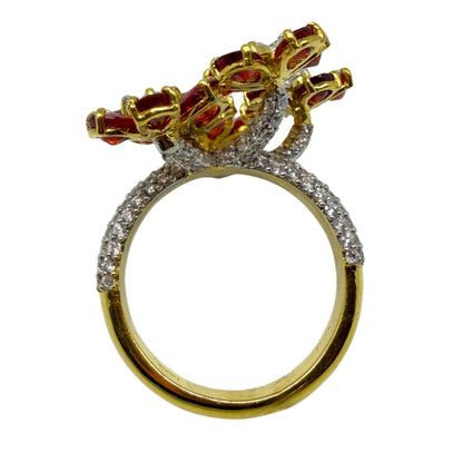 18K Yellow Gold 5.17 Carat Pear Cut Ruby and Diamond Flower Cocktail Ring