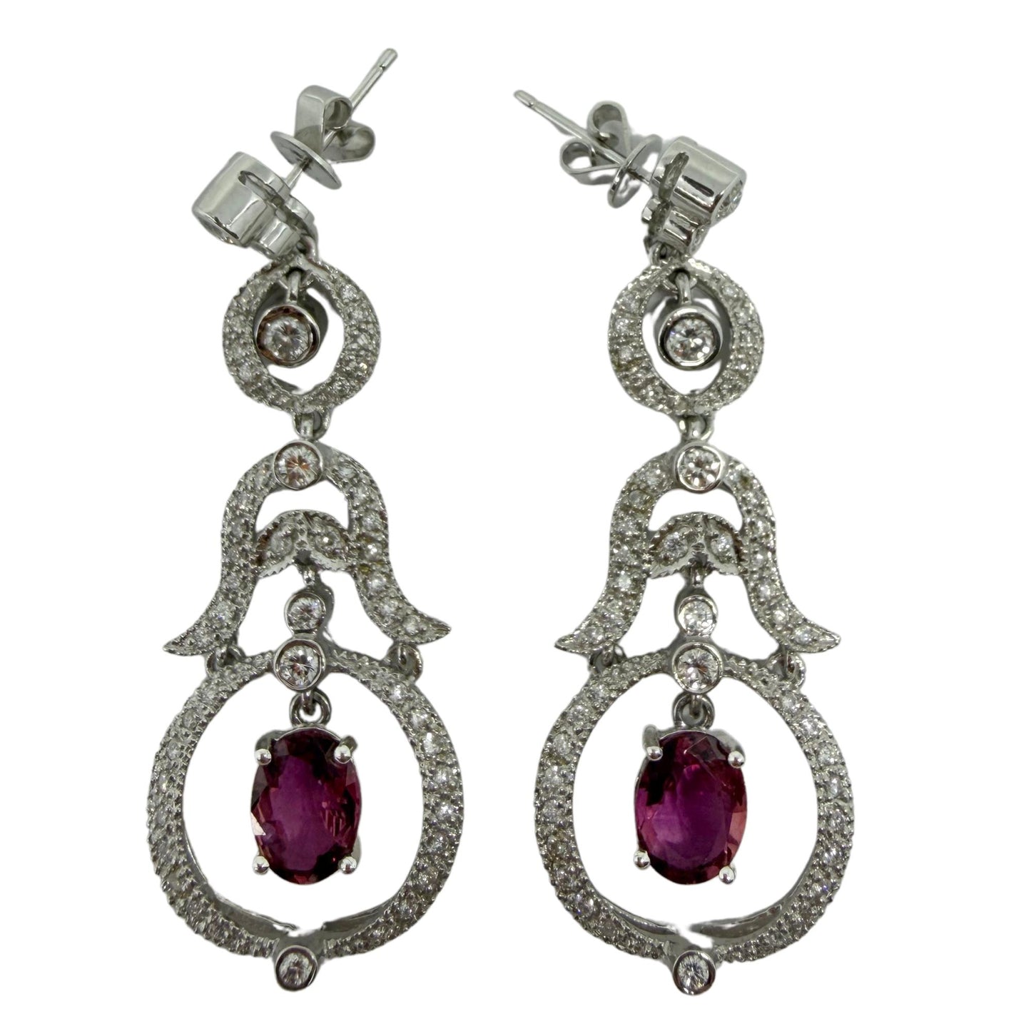 18K White Gold Diamond and 2.52 Carat Oval Cut Ruby Drop Earrings