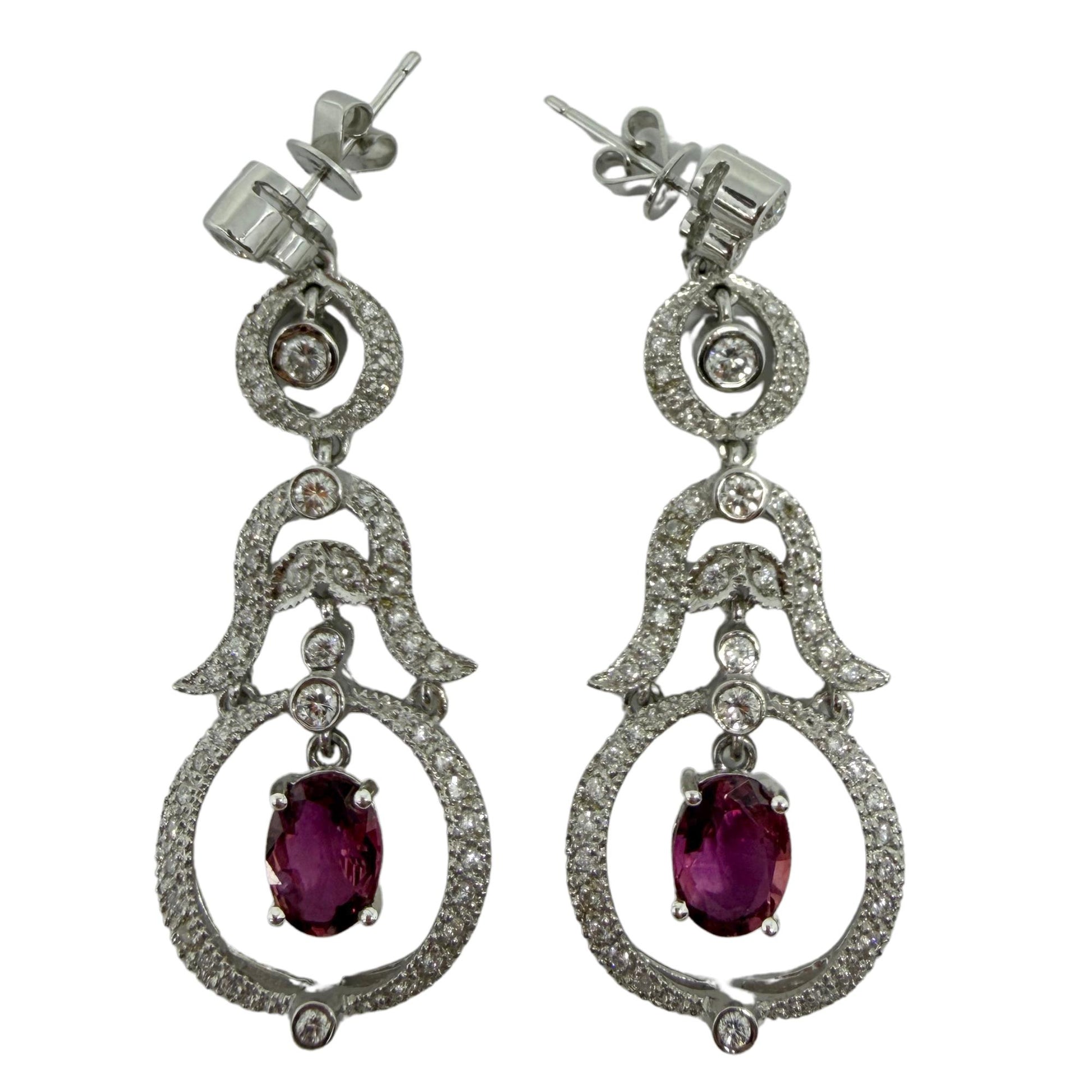 18K White Gold Diamond and 2.52 Carat Oval Cut Ruby Drop Earrings