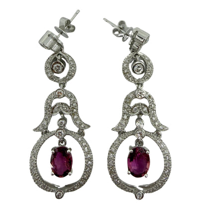 18K White Gold Diamond and 2.52 Carat Oval Cut Ruby Drop Earrings