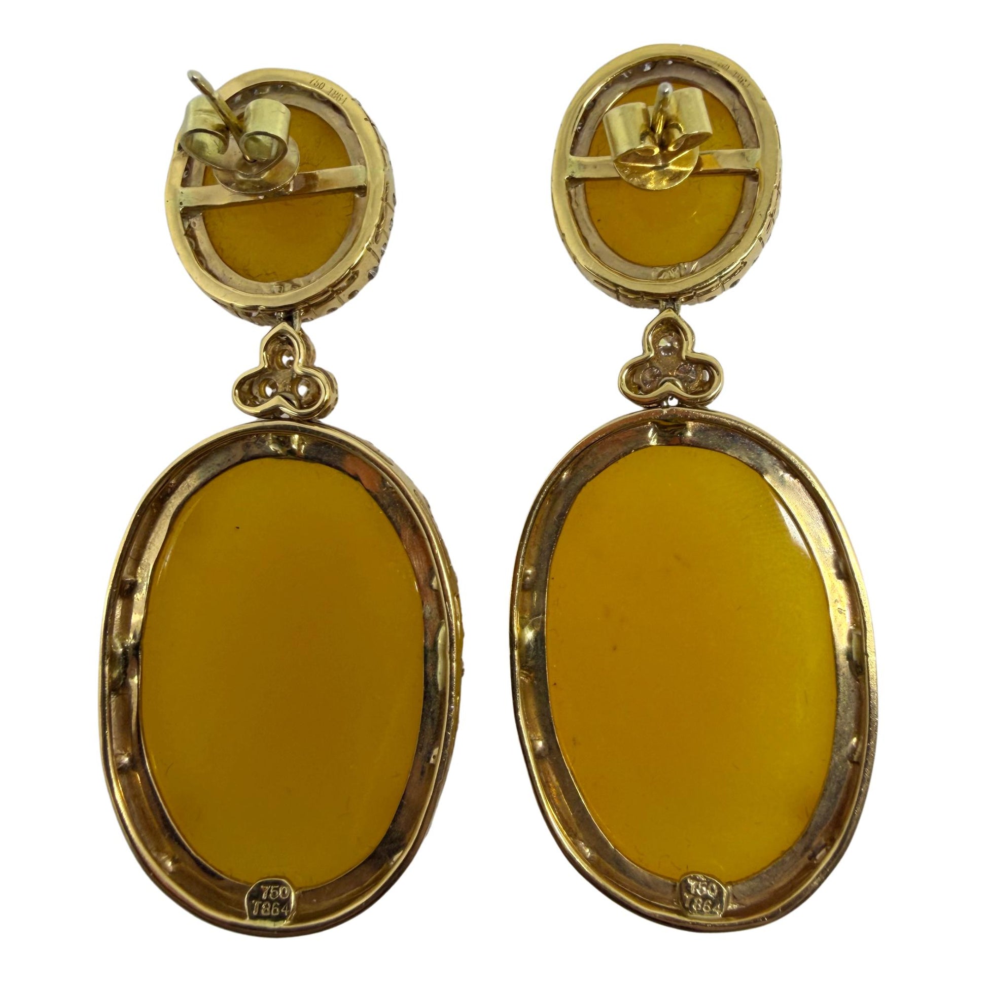 18K Yellow Gold Diamond and Honey Agate Drop Earrings