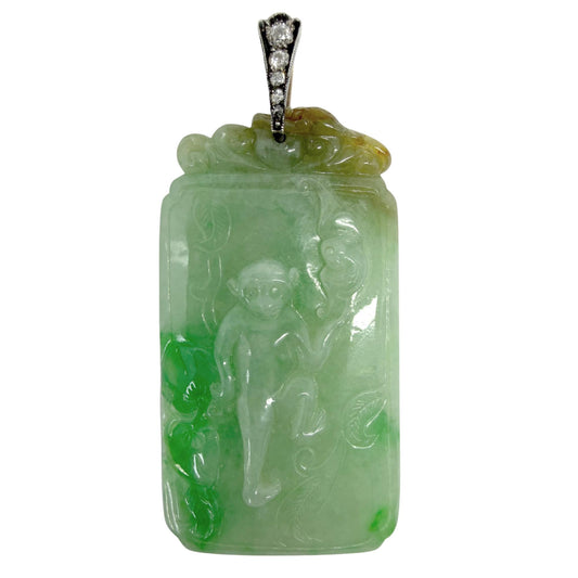 Estate 18K and Silver Carved Burma No Dye Jade and Diamond Pendant w/GIA