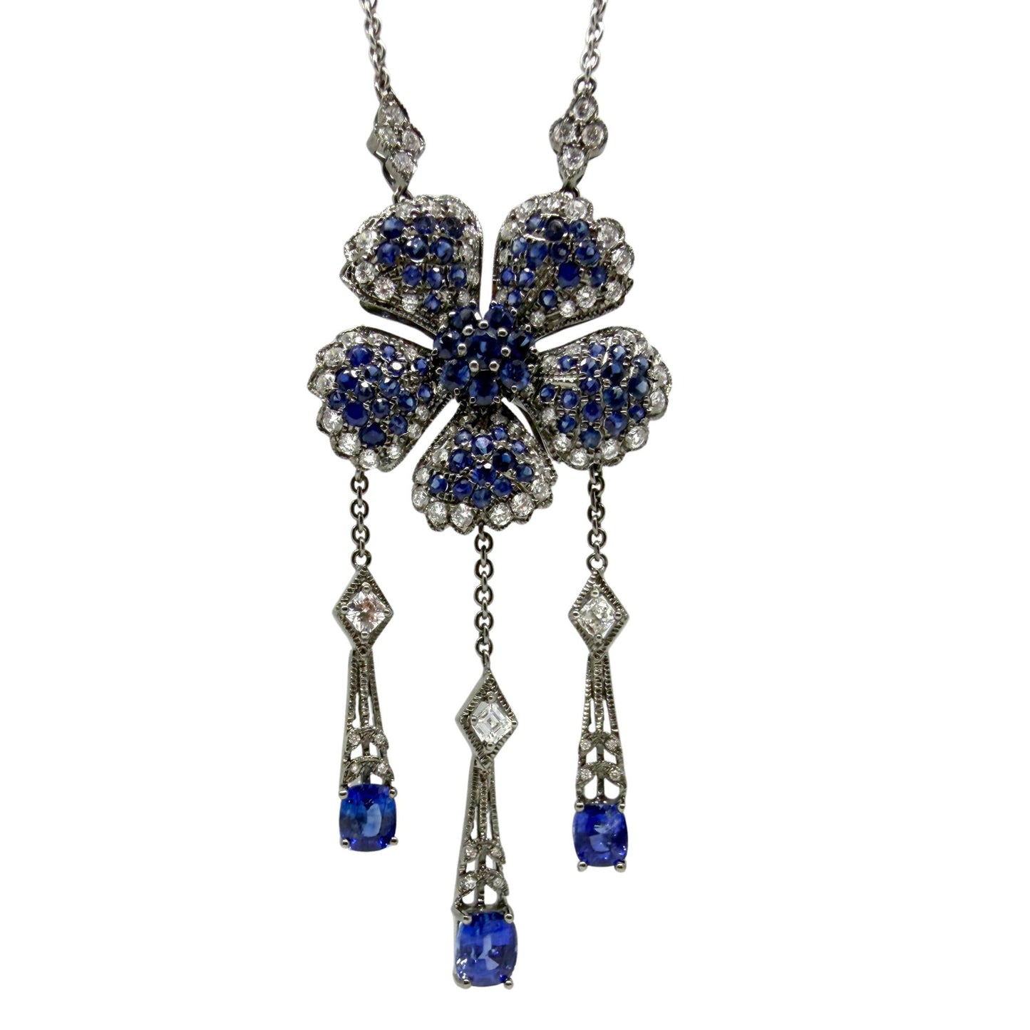 Vintage Inspired 18K Diamond and 6.67 Carat Sapphire Flower Drop Necklace