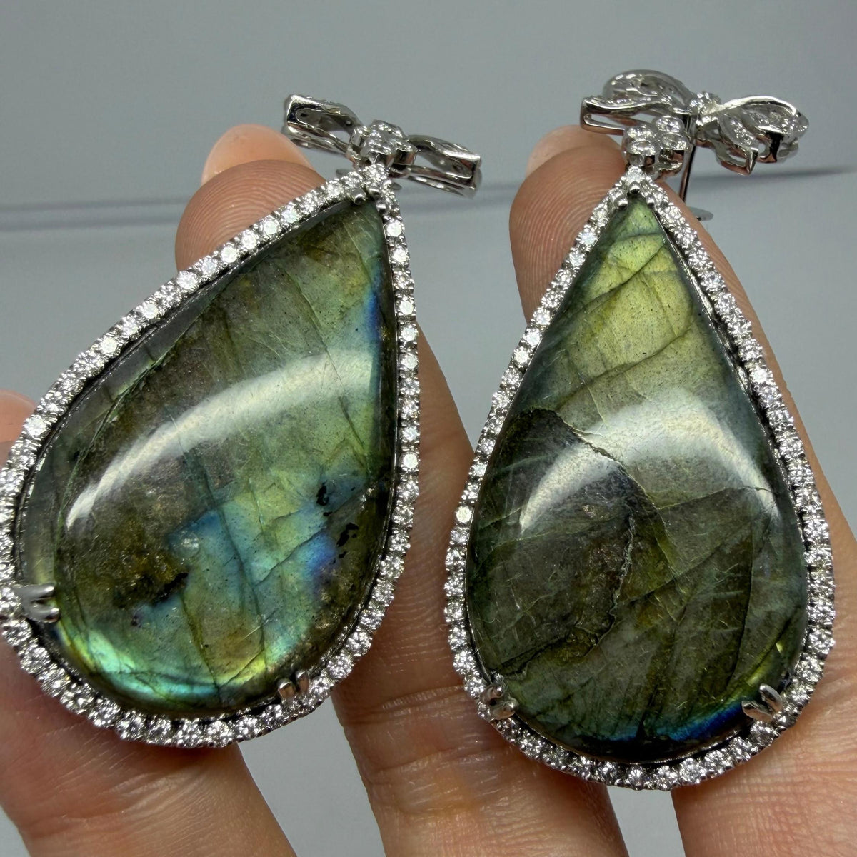18K White Gold Diamond and Labradorite Bow Drop Earrings