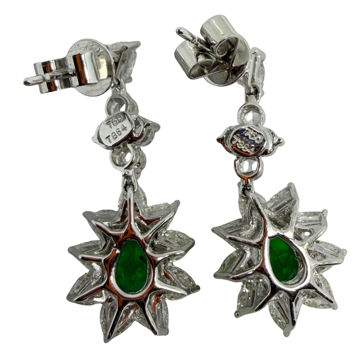 18K White Gold 2.22 Carat Emerald and Rose Cut Diamond Earrings