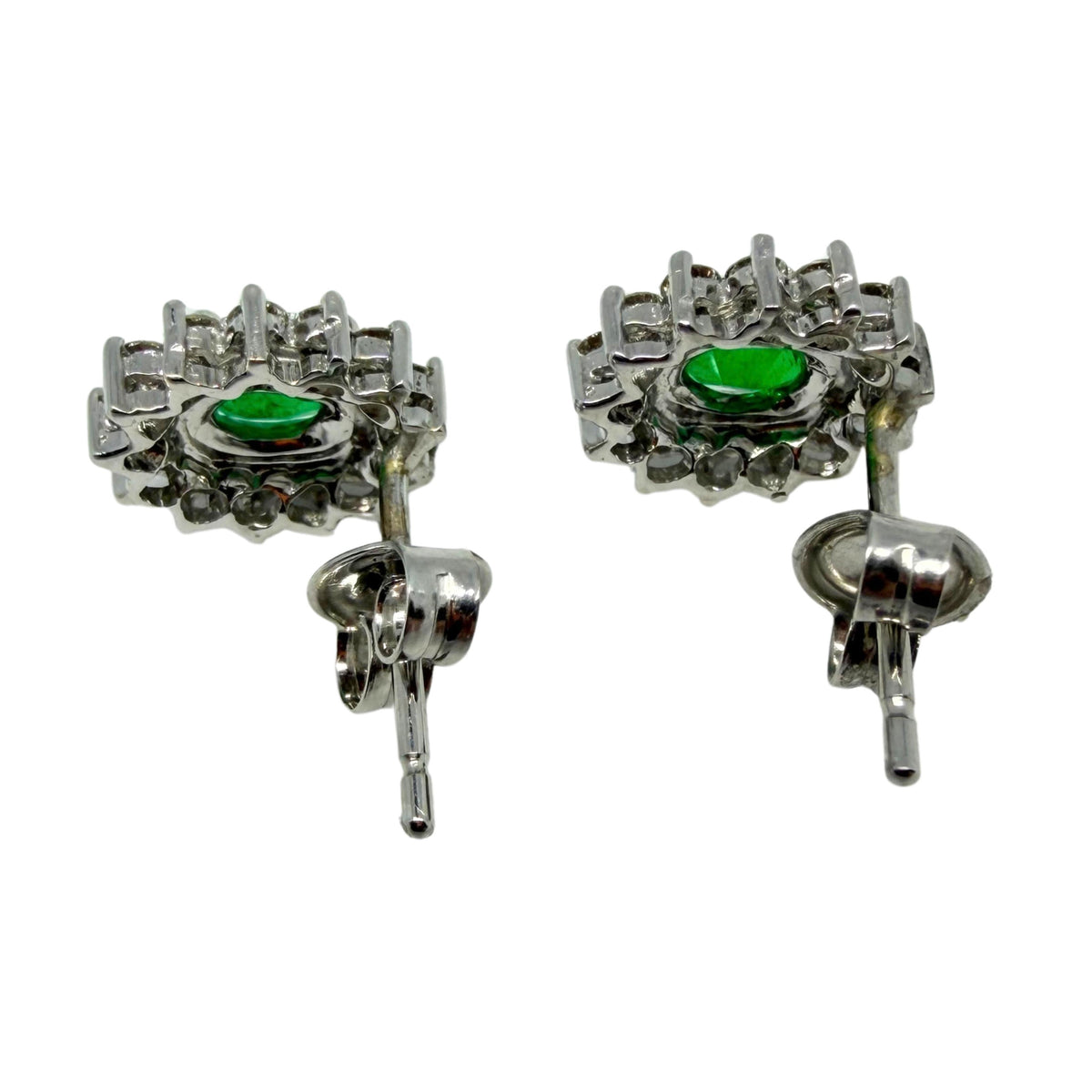 18k White Gold .56 Carat Oval Cut Emerald and Diamond Stud Earrings